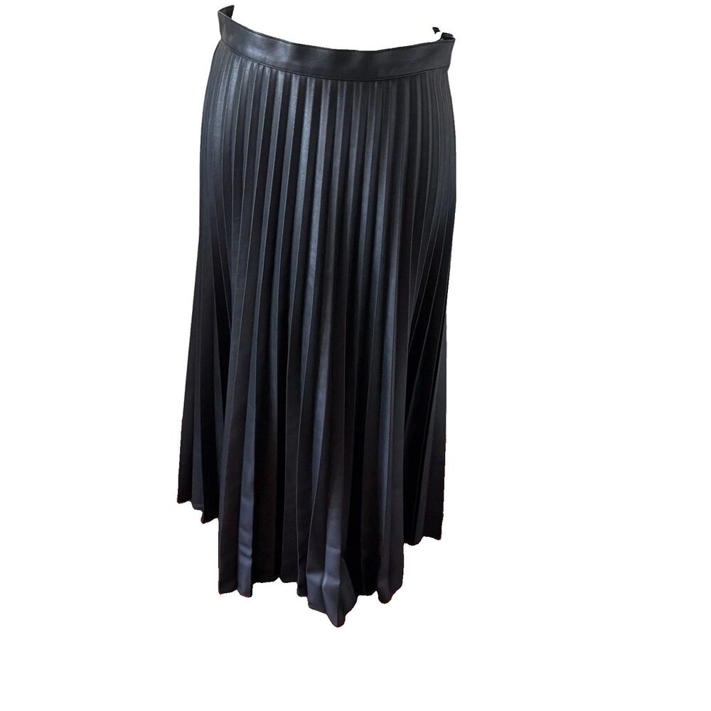 Topshop Women’s Pleated Vegan Faux Leather Skirt US 8 Black Midi Side Zip
